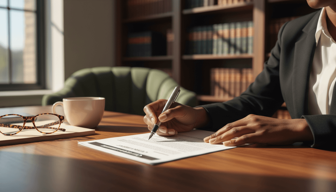 Lawyer's hands on a desk with open legal file and pen