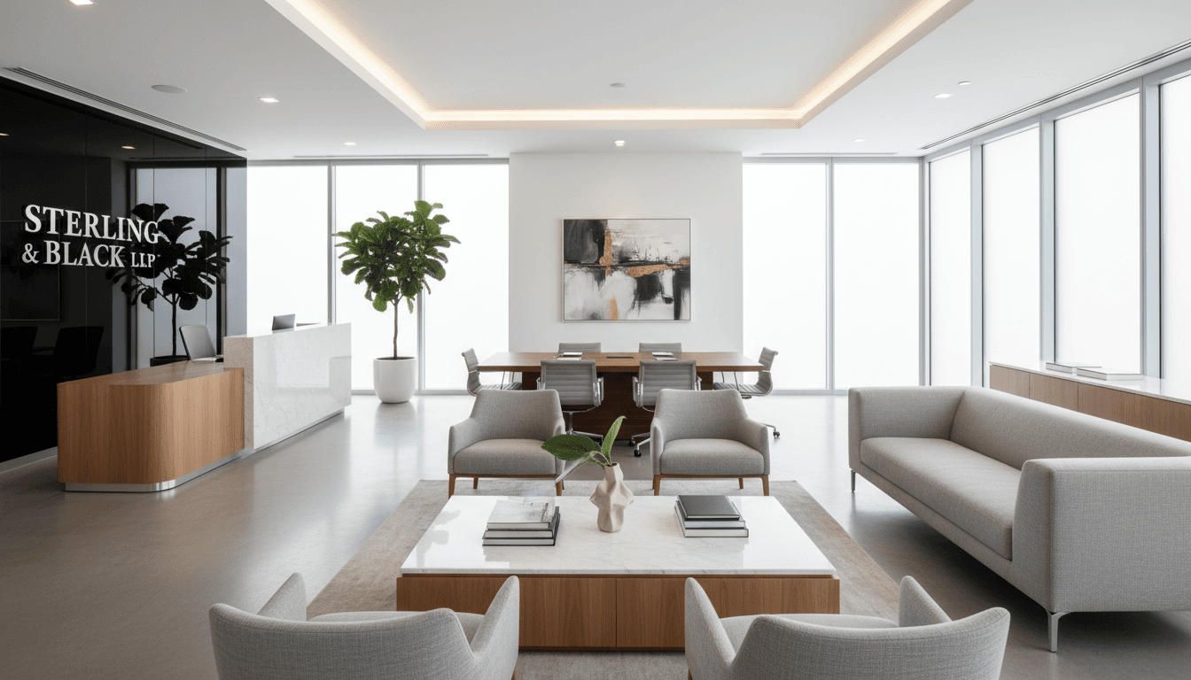 Warm and welcoming law office interior in Toronto with a desk, lamp, and city view from the window