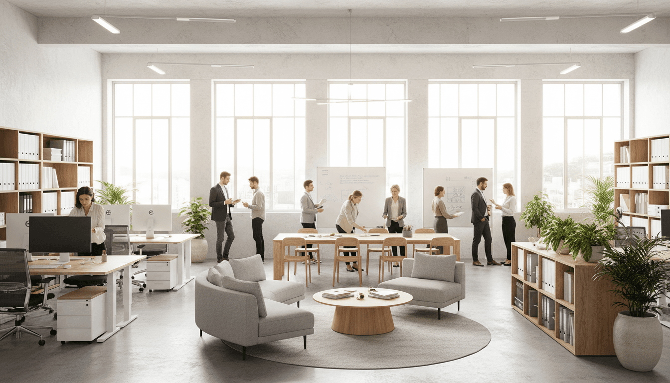 Modern open-plan office workspace with professionals at standing desks and collaborative areas in naturally lit environment