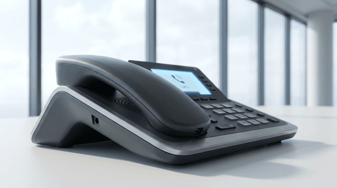 Modern IP phone handset in sharp focus on white desk with blurred window background, soft daylight illumination.